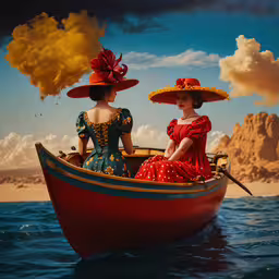 two beautiful women in dress and hats are on a boat,a painting of two women in a row boat