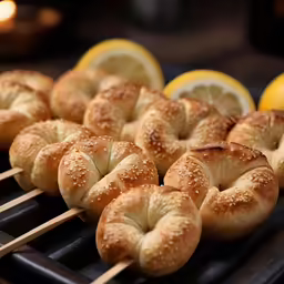 a number of pastries with lemons on a rack