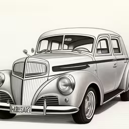 pencil drawing of a classic car on a white surface,a drawing of an old car with the license plate