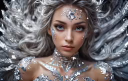 a pretty blond woman with silver wings and silver makeup