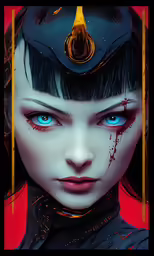 a woman with red eyes is in an art work