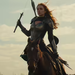 a woman sitting on top of a horse holding two guns