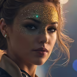a woman in glitter has a green eye shadow