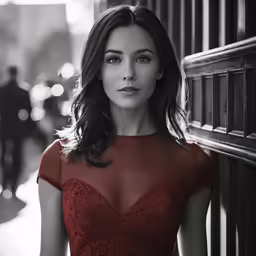 an elegant woman wearing a red gown in the city