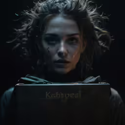 a woman with long hair holding a box