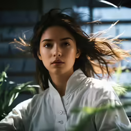 a beautiful young lady with her hair blowing in the wind