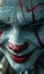 a man dressed in white and red clown makeup