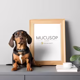 a dog looking up as he sits next to a frame