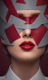 a woman with red lipstick and grey tape on her face