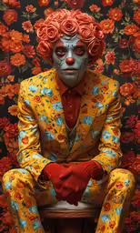 a clown in a suit and tie with flowers on the wall