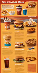 a poster describing different foods and drinks on a yellow background,a menu showing a variety of different foods and beverages