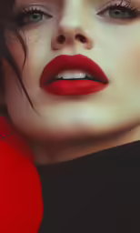 a woman with a red lipstick looks at the camera