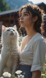 a young woman holding a cat by her side