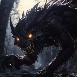 an evil looking creature stands in the woods