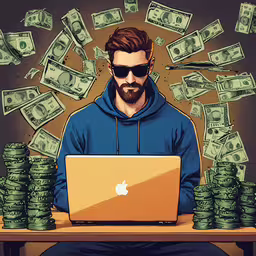 a man with sunglasses sitting in front of a computer surrounded by money,a person sitting at a desk on his laptop surrounded by stacks of money