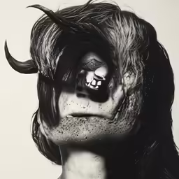 a man with long hair wearing makeup and demon horns