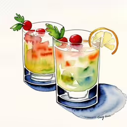 two glasses filled with a green and red cocktail,two beverages sitting next to each other on top of a blue mat,a painting of two glasses filled with alcoholic beverages,some alcohol drinks that is very colorful,two glasses with various drink type garnishes