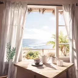 a table with two cups and saucer sit in front of a window overlooking the beach