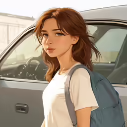 a young asian woman standing by her car