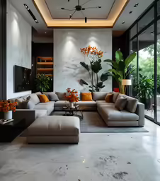 modern white living room with large sectional sofa and large plant in corner