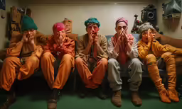 three elderly people sitting side by side, covering their faces