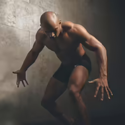 a man with his arm stretched out and flexing his muscles