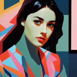the image has very little color in it,a painting of a woman with long black hair