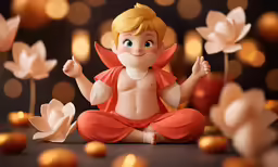a little statue with blond hair sitting on the ground and posing for a photo