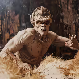a man sitting in the middle of some dead grass