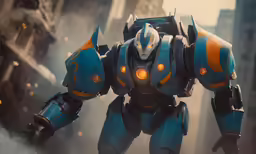 a robot suit in the middle of a city