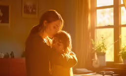 two girls who are holding each other in a room