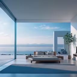 a large open living area with a bed on concrete floor