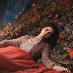 the woman is laying on the ground wearing a long sleeved shirt
