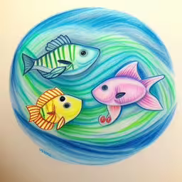 an image of some fish in the ocean,a drawing of three small fish in the ocean