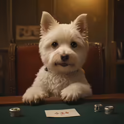 a dog looking at the camera next to a green table