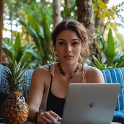 young woman using laptop at outdoor restaurant table