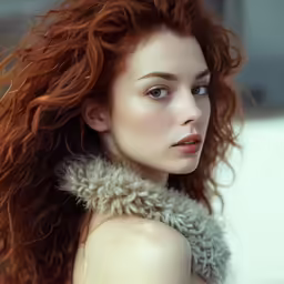 a woman with red hair is wearing a scarf
