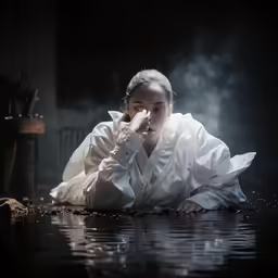 the woman is laying down in the water