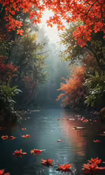 water stream with leaves floating around and trees with orange blossoms