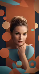 a woman posing for a photo in front of a colorful wall