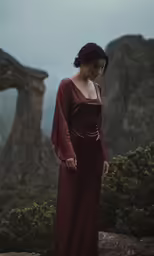 a woman wearing a long red dress standing in front of rocks