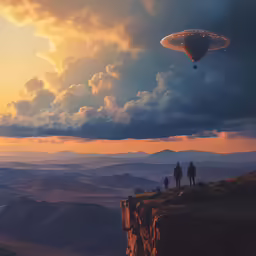 there are three people standing on top of the mountain with hot air balloons