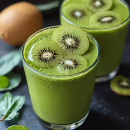 two glasses filled with green smoothies and kiwi slices
