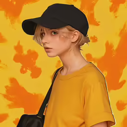 a young blonde woman wearing a baseball cap standing with her back to the camera
