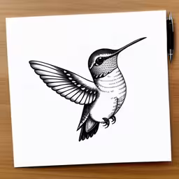 a black and white drawing of a hummingbird,a drawing of a hummingbird on a piece of paper