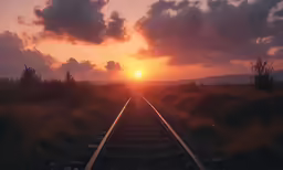 the sun is setting on the railroad tracks