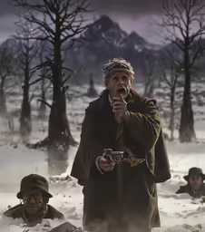 man in coat with camera taking picture of other men