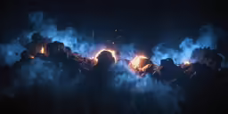 dark sky with lit up bonfire and fog all around