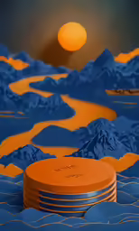 an orange disk on a desert with mountains and sky