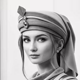 black and white image of a woman with long hair wearing a turban